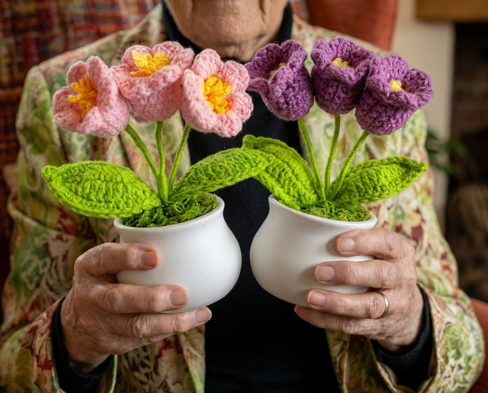 Handgehäkelte Blume als liebevolles Geschenk